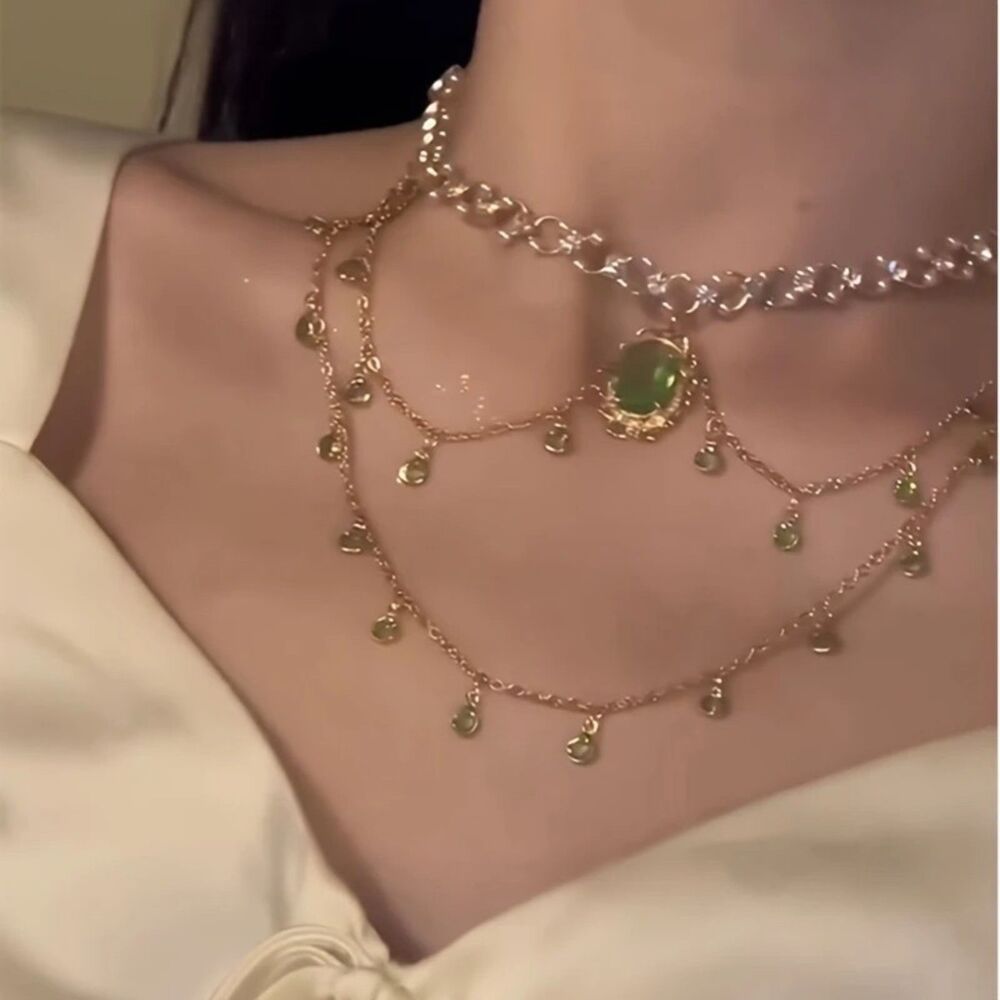 Fairy, Gypsy, Vintage styled Cosplay Green Gem Layered Necklace